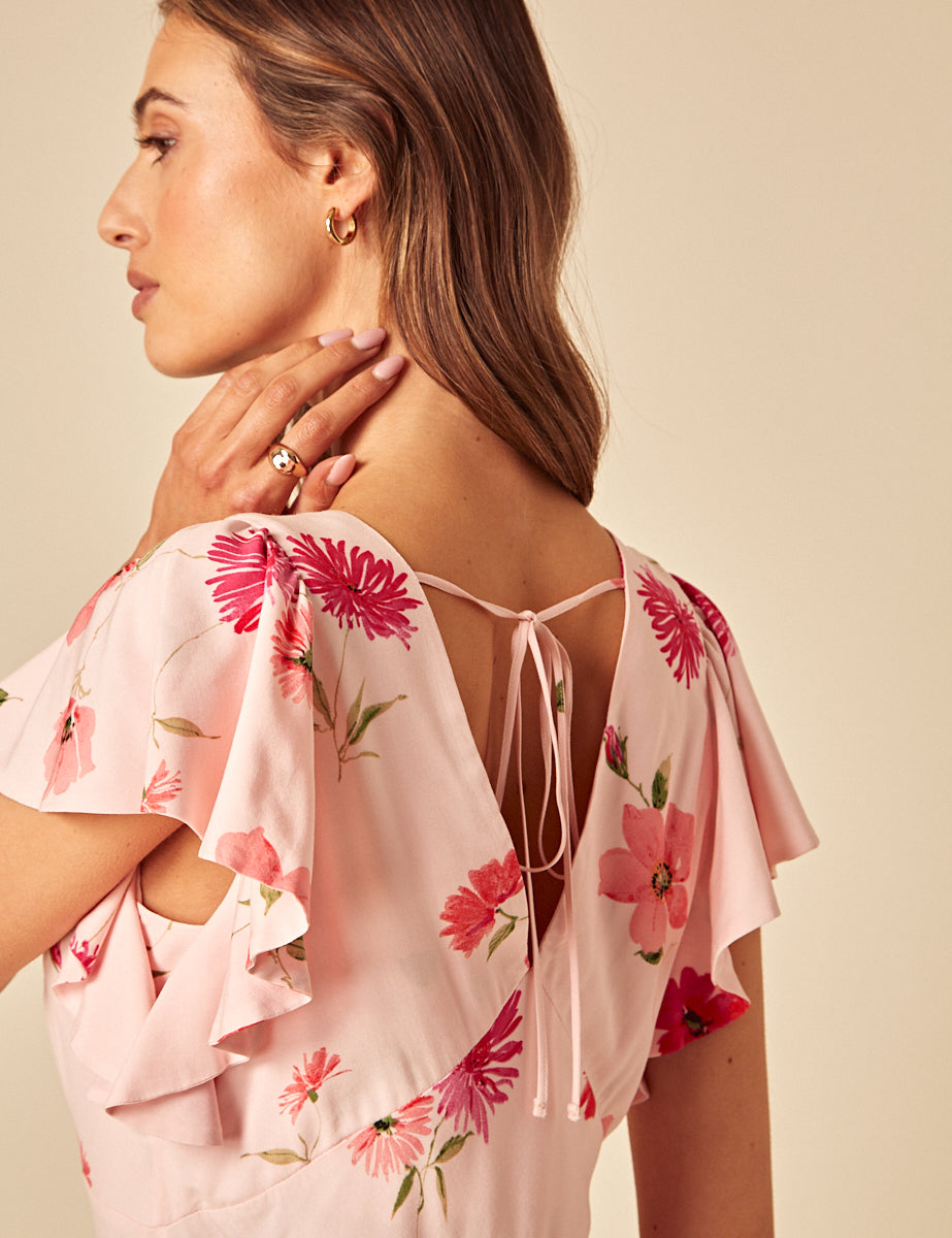 Pink Floral Frill Sleeve Loubelle Midi Dress