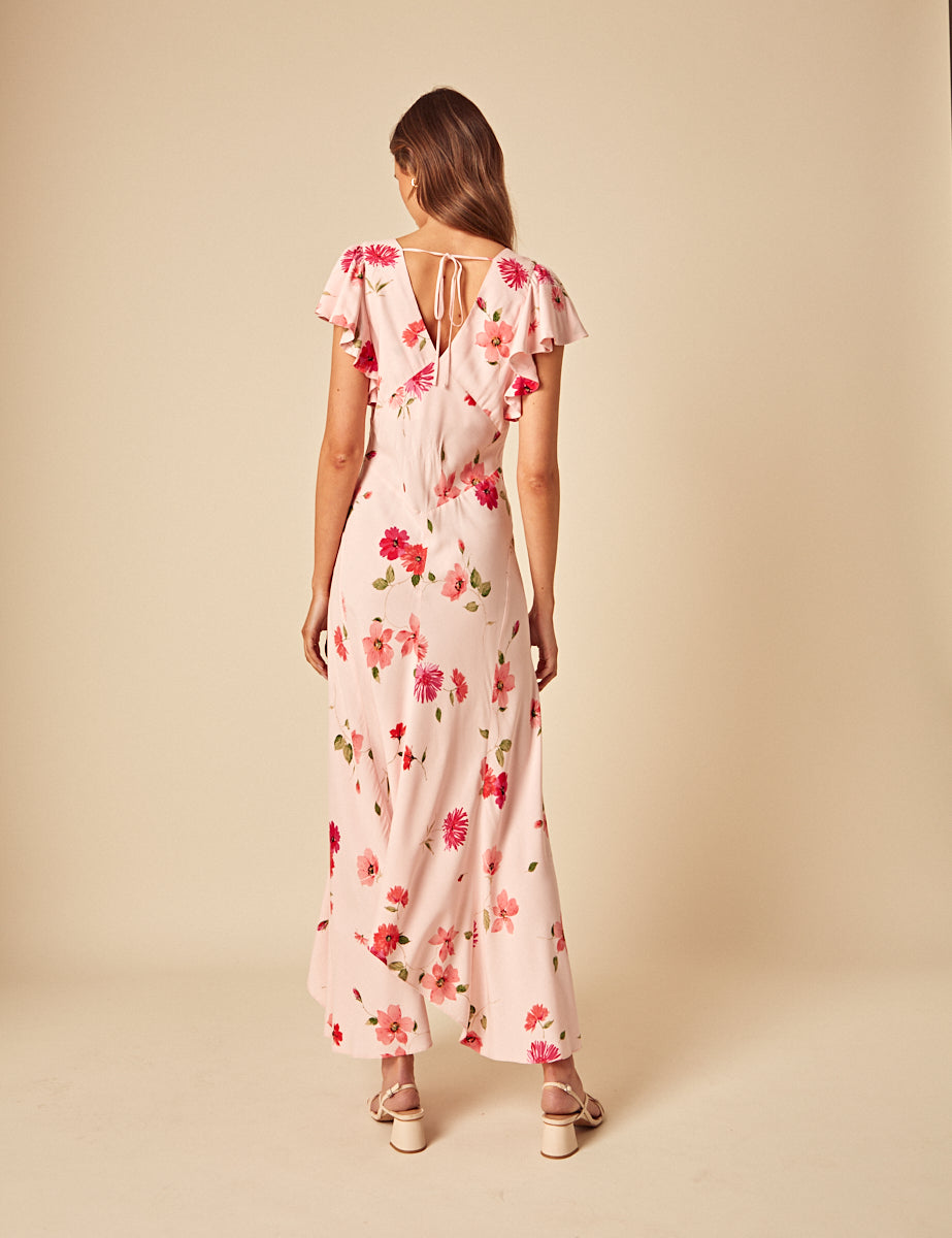 Pink Floral Frill Sleeve Loubelle Midi Dress
