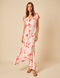 Pink Floral Frill Sleeve Loubelle Midi Dress