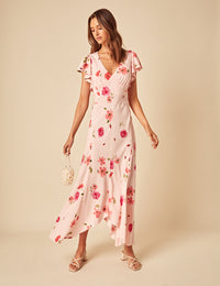 Pink Floral Frill Sleeve Loubelle Midi Dress