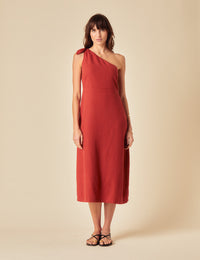 Red Linen-blend One Shoulder Sherbourne Midi Dress