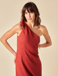 Red Linen-blend One Shoulder Sherbourne Midi Dress