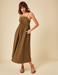 Green Tie Front Aspen Midi Smock Dress