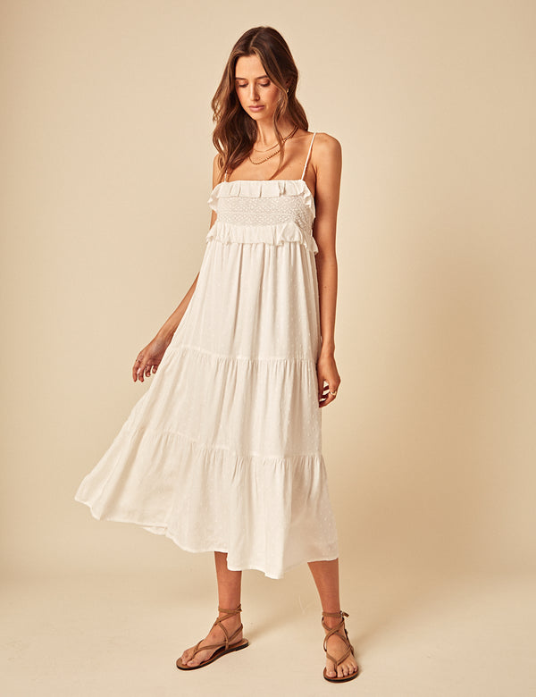 White Embroidered Tiered Florian Midi Dress