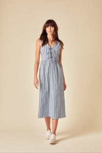 Blue Pinstripe Tie Front Posey Midi Dress