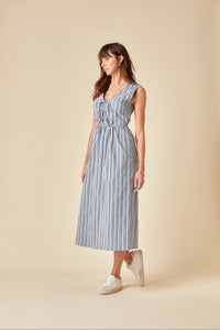 Blue Pinstripe Tie Front Posey Midi Dress