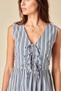 Blue Pinstripe Tie Front Posey Midi Dress