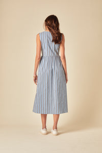 Blue Pinstripe Tie Front Posey Midi Dress