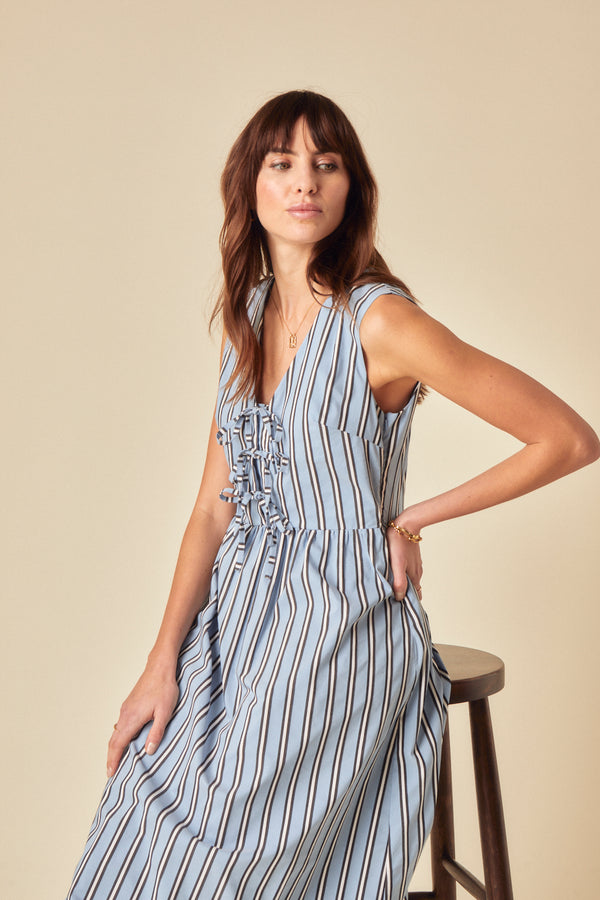 Blue Pinstripe Tie Front Posey Midi Dress