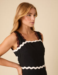 Black Linen-blend Contrast Trim Acacia Midi Dress