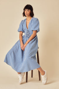 Blue Gingham Tie Front Scarla Midi Dress
