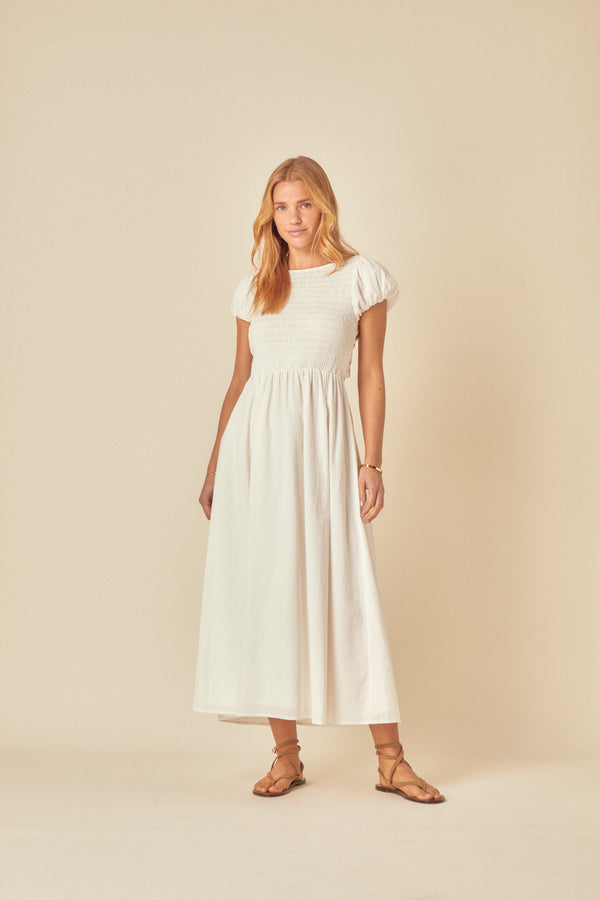 White Shirred Puff Sleeve Sasha Midi Dress