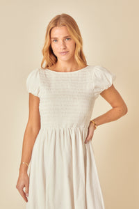 White Shirred Puff Sleeve Sasha Midi Dress