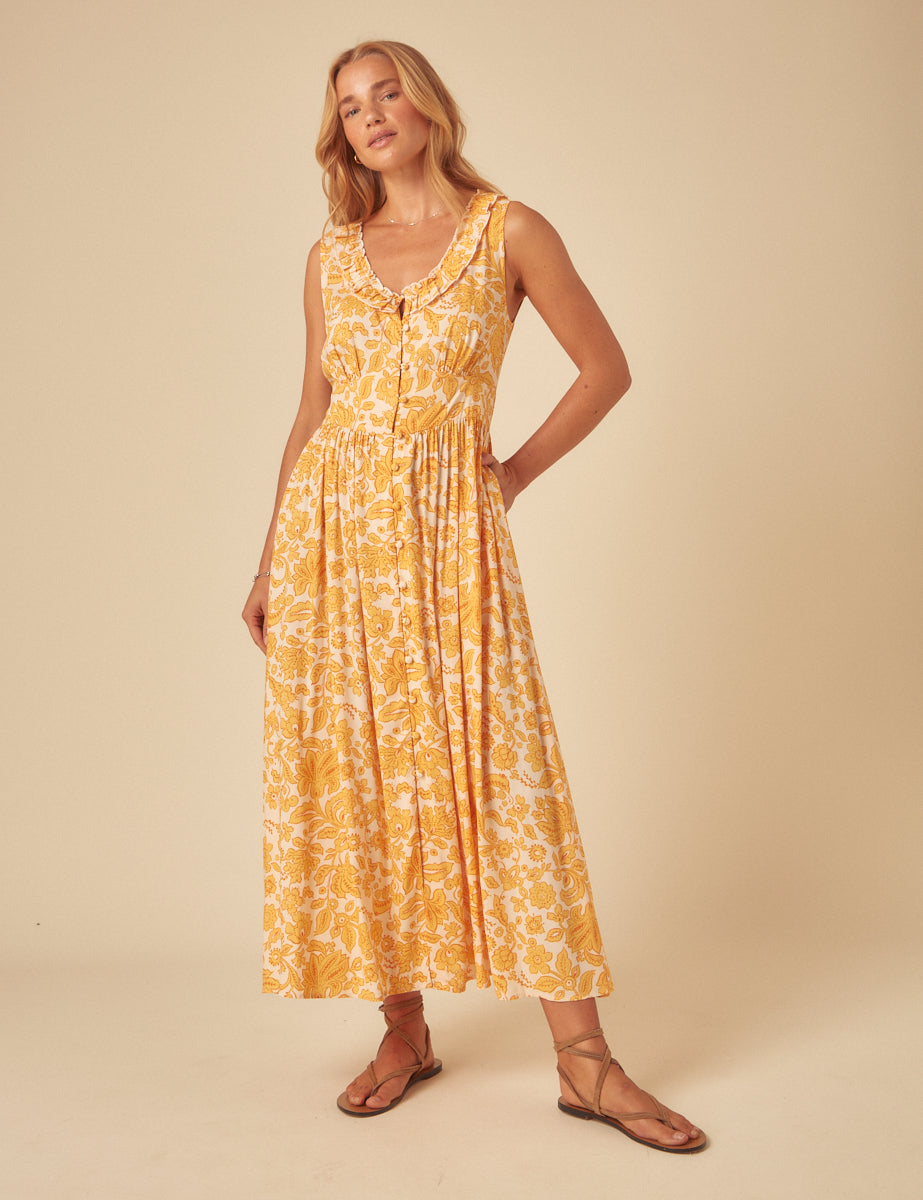 Yellow Printed Sleeveless Flossie Midi Dress