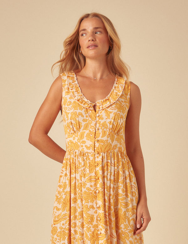 Yellow Printed Sleeveless Flossie Midi Dress