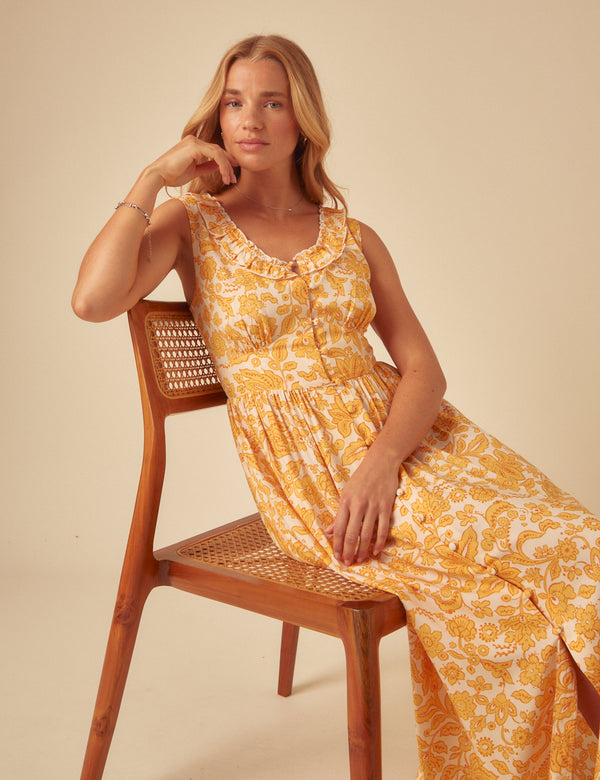 Yellow Printed Sleeveless Flossie Midi Dress