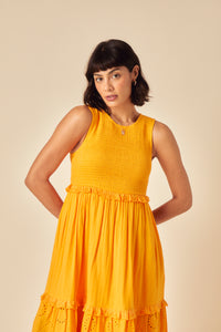 Yellow Ruched Tiered Blossom Midi Dress