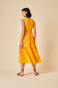 Yellow Ruched Tiered Blossom Midi Dress