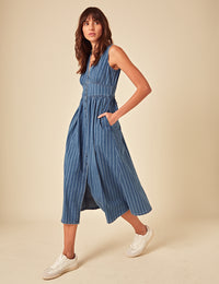 Blue Denim Sleeveless Pinstripe Midi Dress
