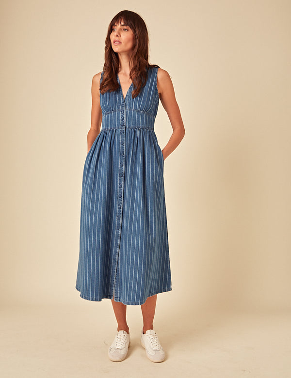 Blue Denim Sleeveless Pinstripe Starlight Midi Dress