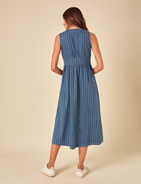 Blue Denim Sleeveless Pinstripe Midi Dress