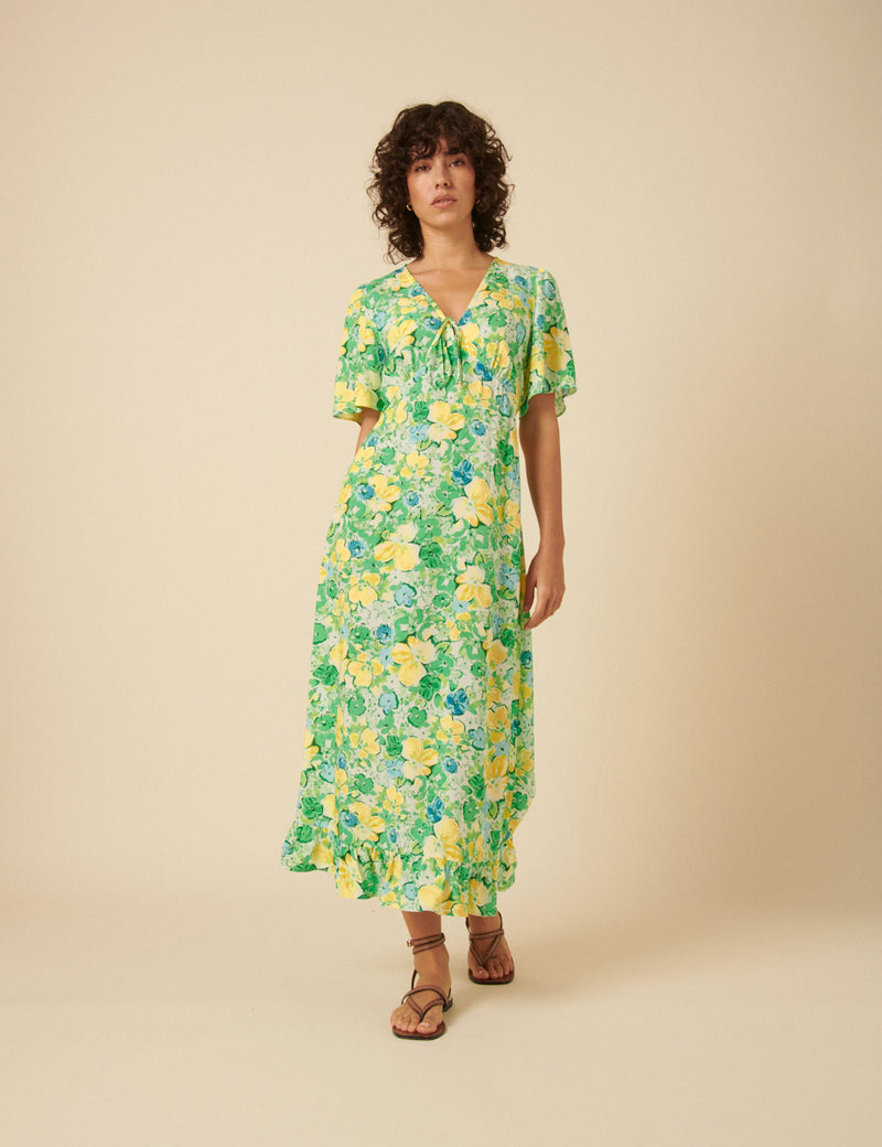 Green Floral Dalia Midi Tea Dress