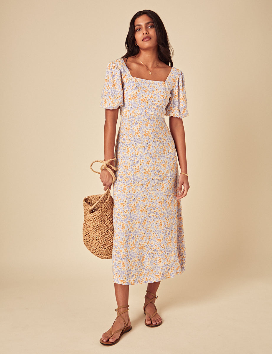 White Ditsy Floral Lara Midi Dress White Ditsy Floral Lara Midi Dress