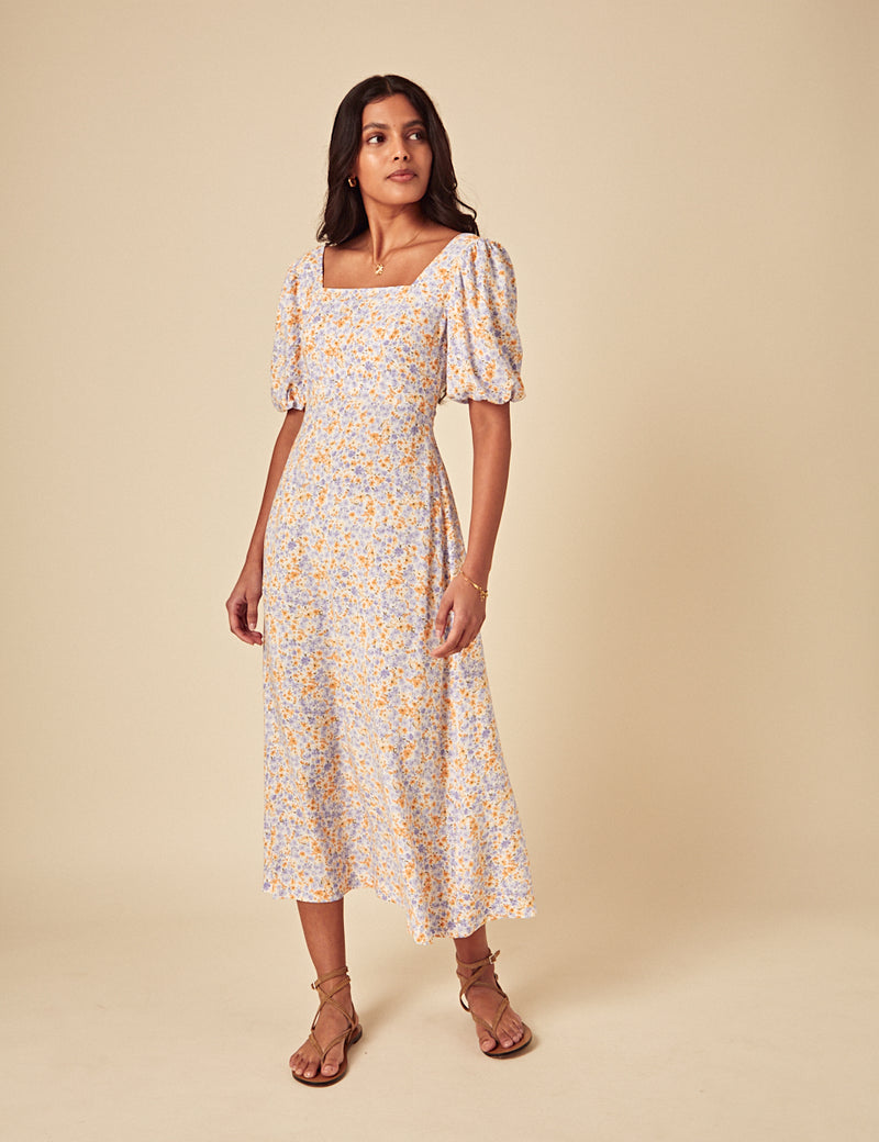 White Ditsy Floral Lara Midi Dress