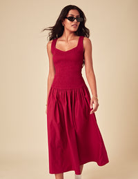 Red Ruched Drop Waist Thalia Midi Dress