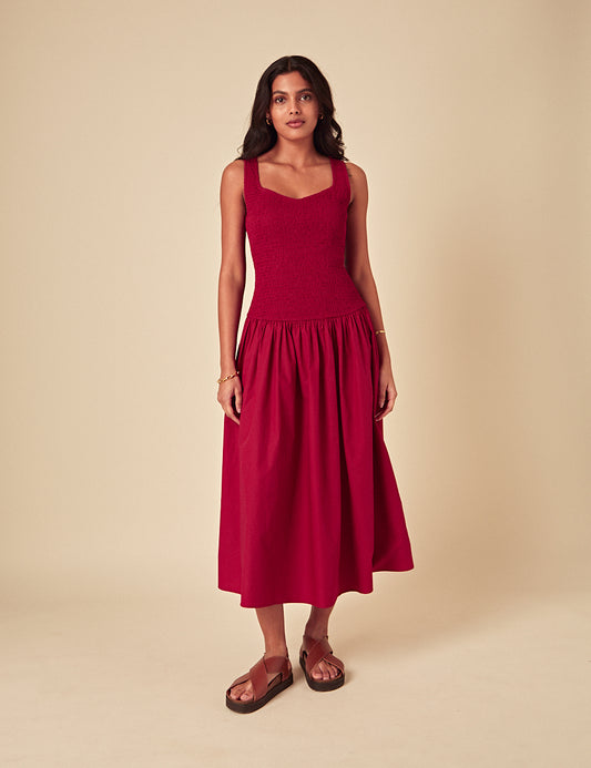 strapless open back dress Red Ruched Drop Waist Thalia Midi Dress
