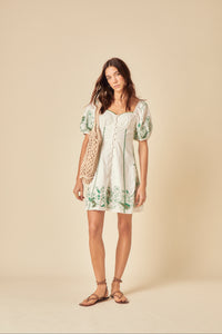 White Puff Sleeve Embroidered Beatrix Mini Dress