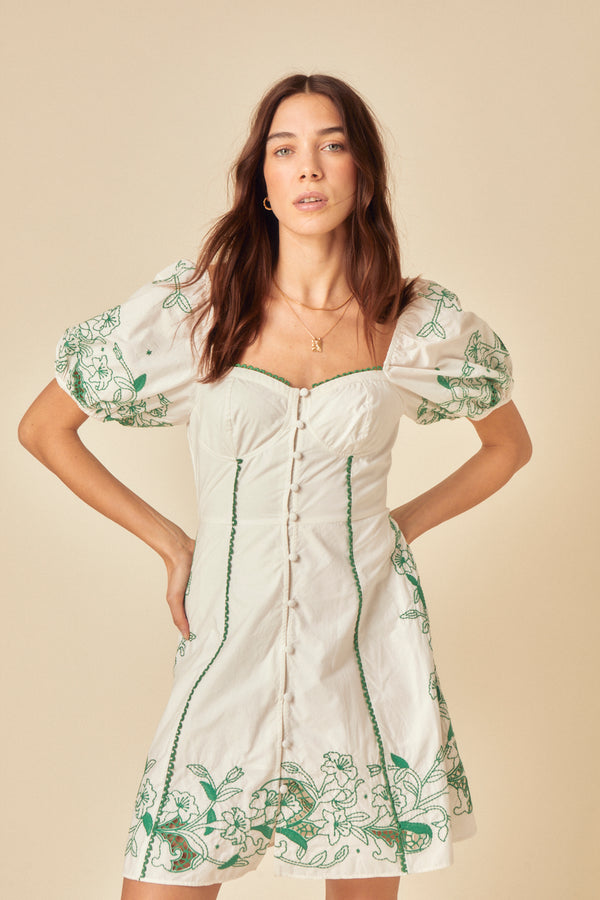 White Puff Sleeve Embroidered Beatrix Mini Dress