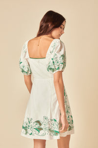 White Puff Sleeve Embroidered Beatrix Mini Dress