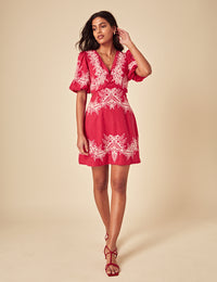 Red Floral Embroidered Nicky Mini Dress