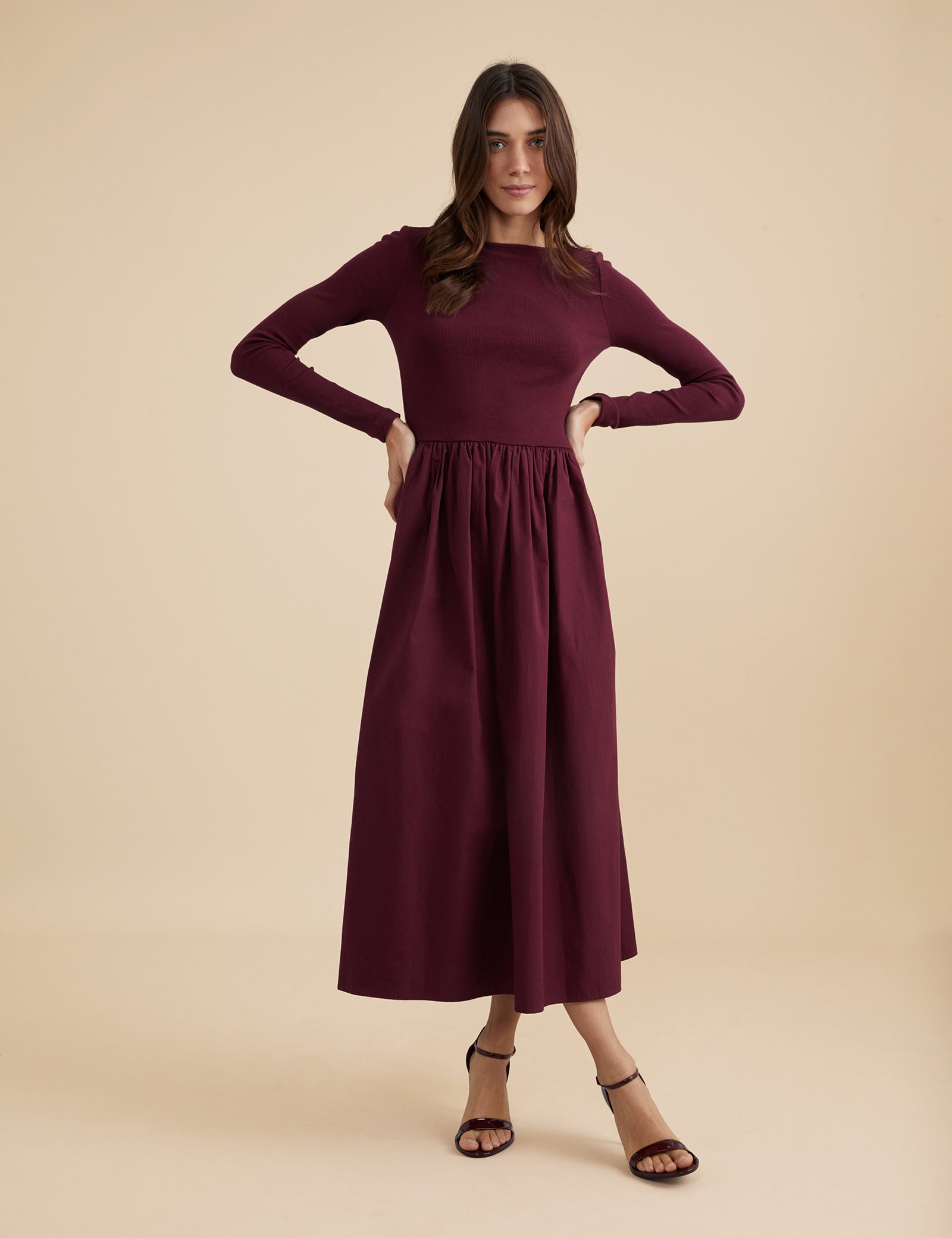 Berry Long Sleeve A-Line Penni Midi Dress Berry Long Sleeve A-Line Penni Midi Dress