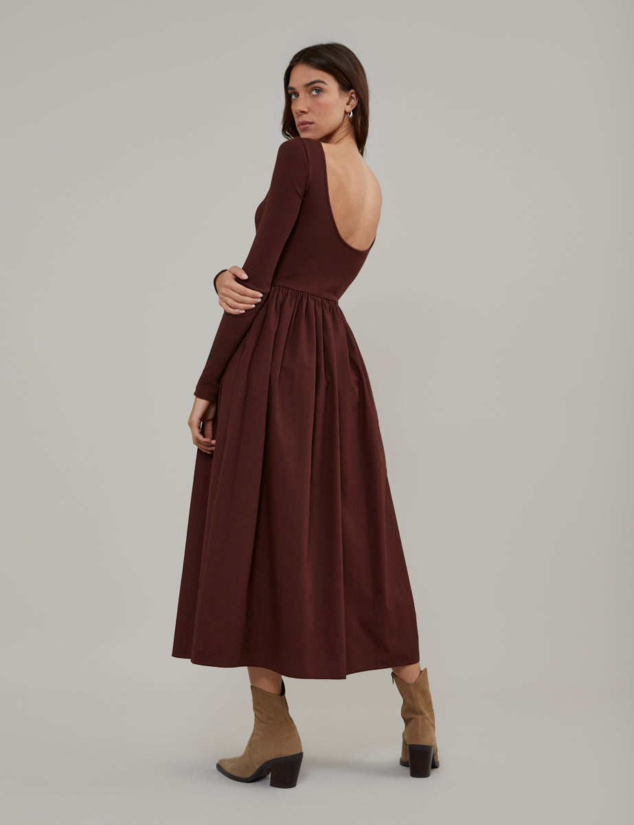 Brown Long Sleeve A-Line Penni Midi Dress Brown Long Sleeve A-Line Penni Midi Dress
