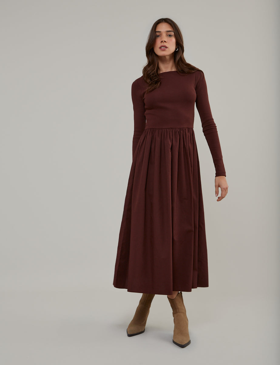 Brown Long Sleeve A-Line Penni Midi Dress Brown Long Sleeve A-Line Penni Midi Dress