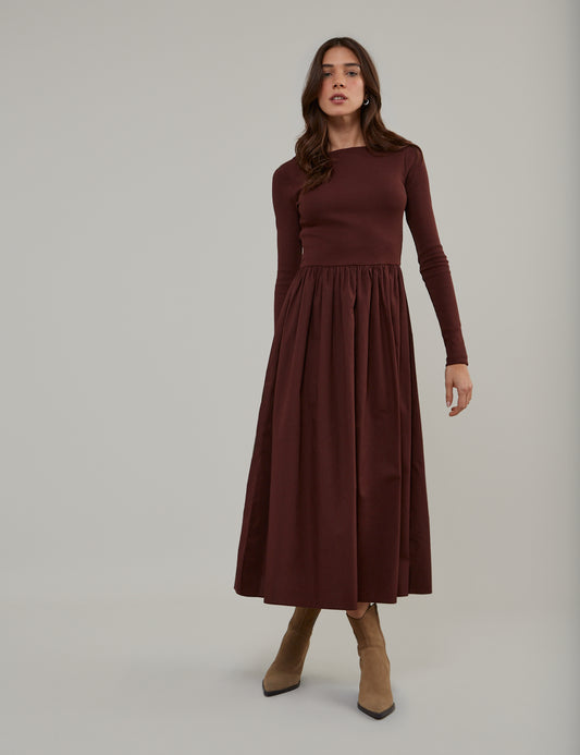 Brown Long Sleeve A-Line Penni Midi Dress Brown Long Sleeve A-Line Penni Midi Dress