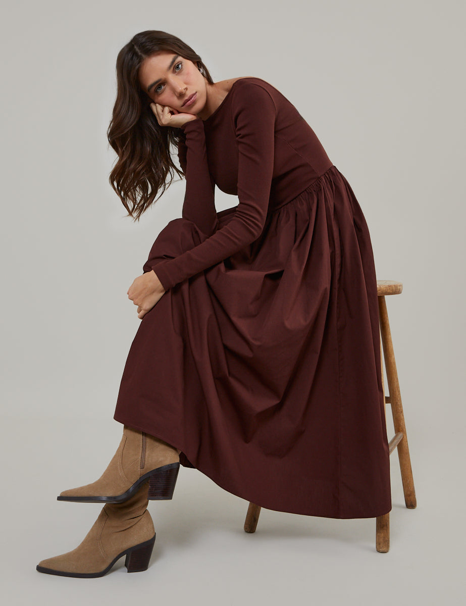 Brown Long Sleeve A-Line Penni Midi Dress Brown Long Sleeve A-Line Penni Midi Dress