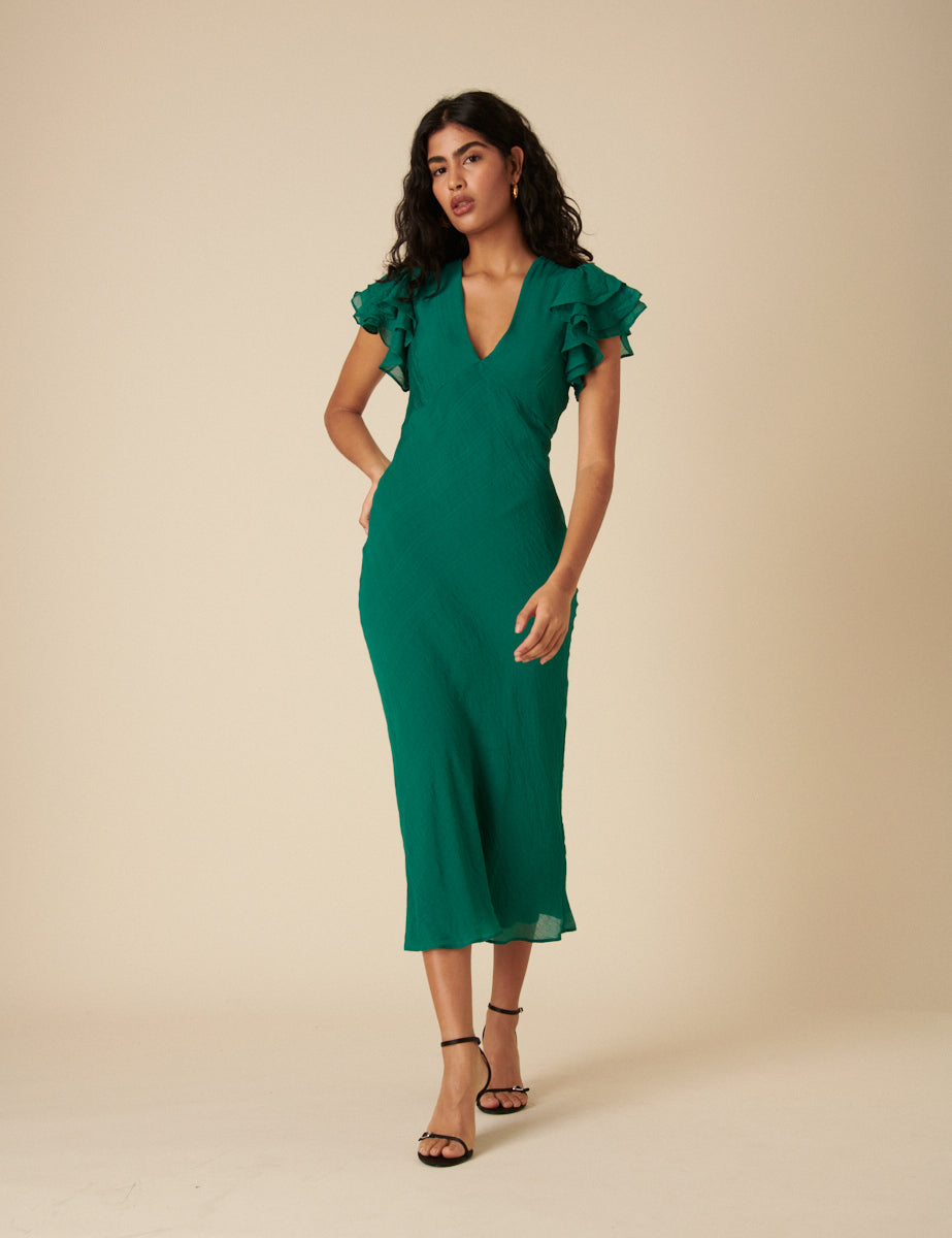 Lianna Structure Frill Dress Dark Green