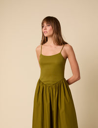 Green Ribbed Drop Waist Strappy Midi Dress