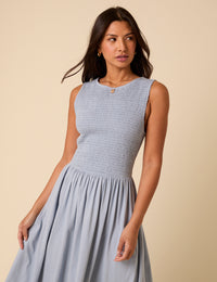 Blue Shirred Bodice Billie Midi Dress