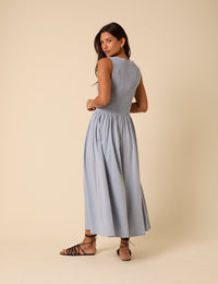Blue Shirred Bodice Billie Midi Dress