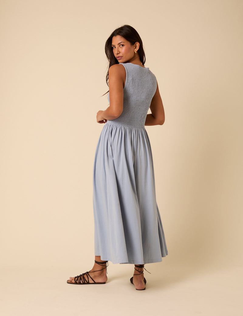 Blue Shirred Bodice Billie Jersey Midi Dress