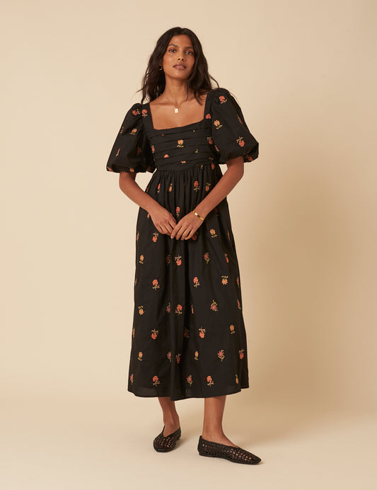 Black Floral Embroidered Nova Midi Dress Black Floral Embroidered Nova Midi Dress