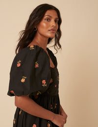 Black Floral Embroidered Nova Midi Dress Black Floral Embroidered Nova Midi Dress
