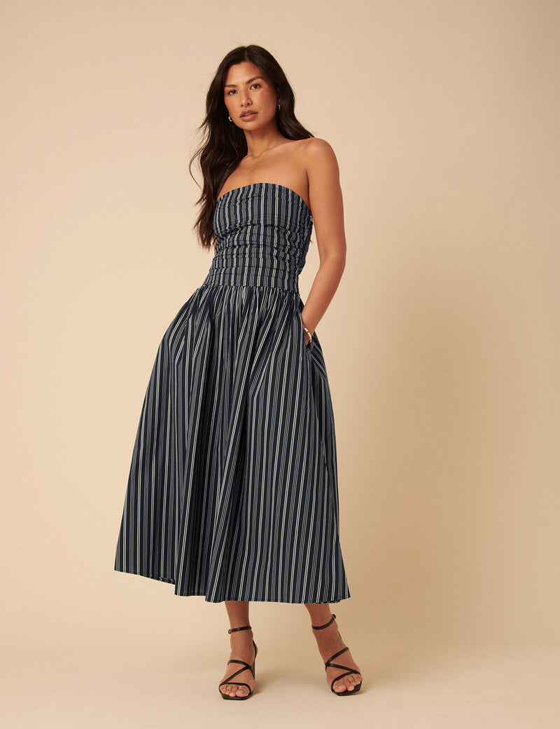 Navy Pinstripe Felicity Midi Dress