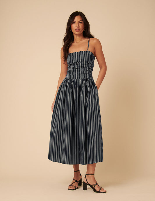 bianca pinstripe midi dress Navy Pinstripe Felicity Midi Dress