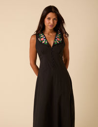 Black Floral Embroidered Melanie Midi Dress