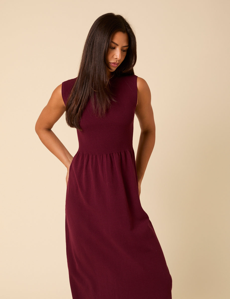 Burgundy Sleeveless Knitted Midi Dress Burgundy Sleeveless Knitted Midi Dress